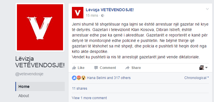 Vetëvendosje reagon për ndalimin e gazetarit Dibran Istrefi