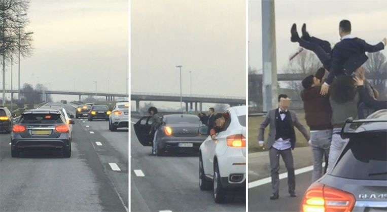 Belgjikë: Dasmorët bllokojnë austradën, ngrisin dhëndrin në ajër (VIDEO)