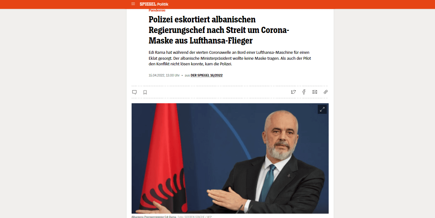 “Der Spiegel”: Rama nuk e vuri maskën, u shoqërua në polici