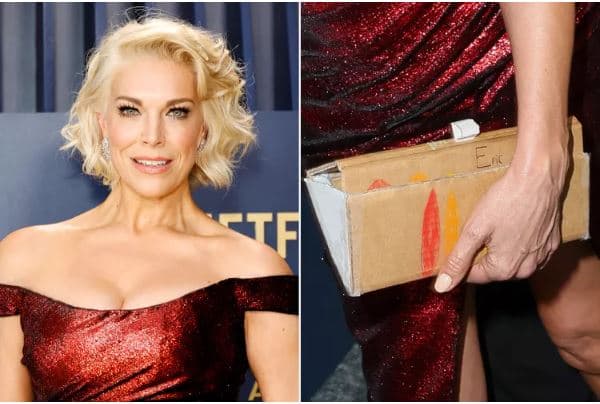 Aktorja  Hannah Waddingham në tepihun e kuq shkon me çantë dore nga kartonit