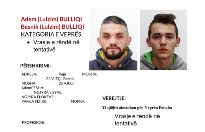 Policia kërkon ndihmë në kapjen e dy personave për vrasjen e rëndë në tentativë në Pejë