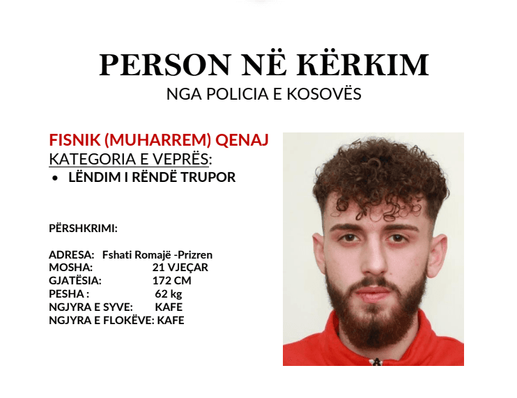 Policia shpall në kërkim një 21-vjeçar nga Prizreni